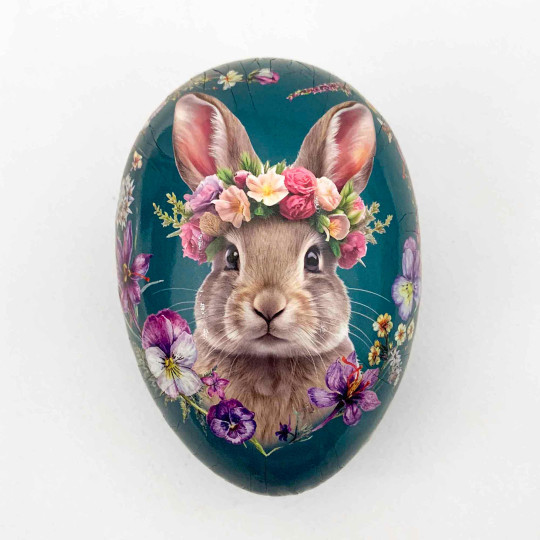 4-1/2" Bunny with Flower Crown on Teal Papier Mache Easter Egg Container ~ Germany